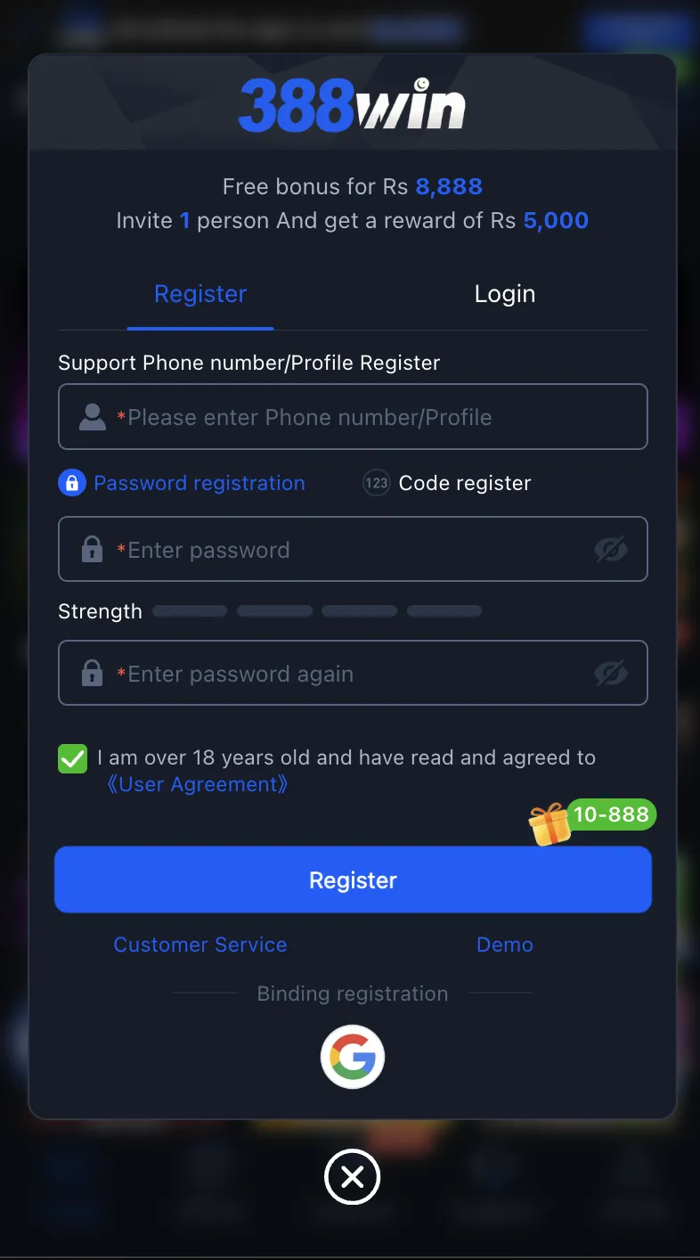 388Win Registration Screen Pakistan