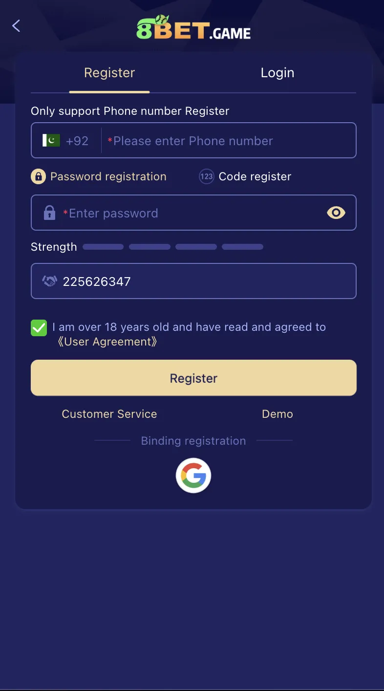 8Bet Game Registration Screen Pakistan