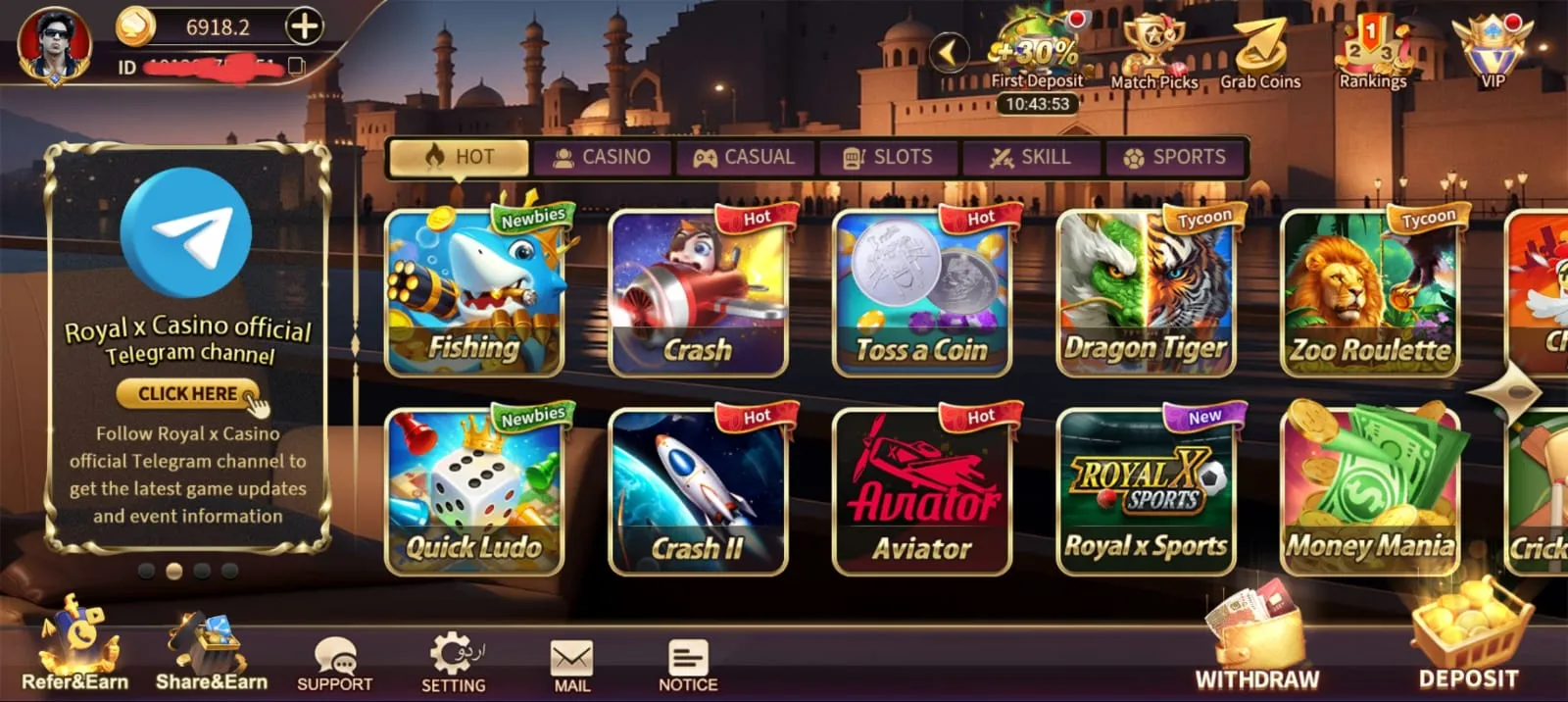 Royal X Casino home lobby showing 20+ games Pakistan