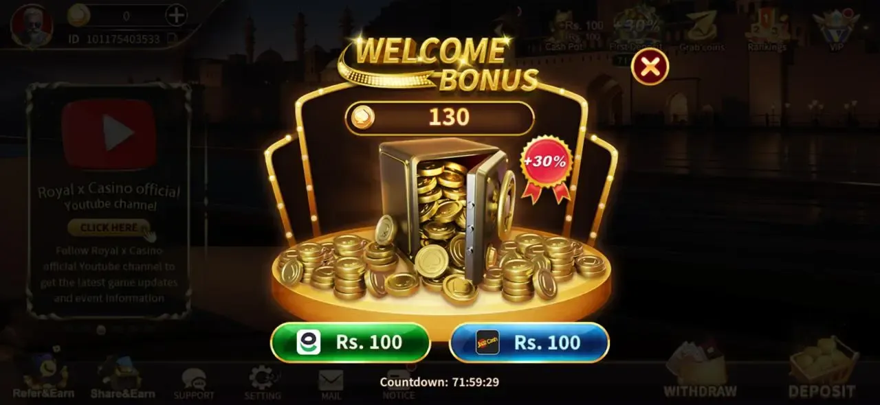 Royal X Casino welcome bonus offer Pakistan