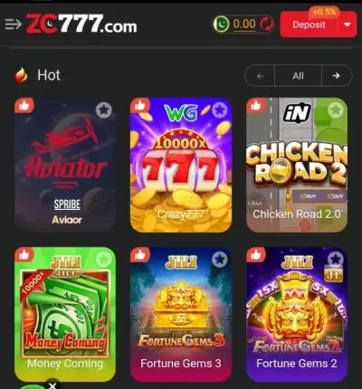 ZC777 Game App – Home Screen and Game Lobby Pakistan